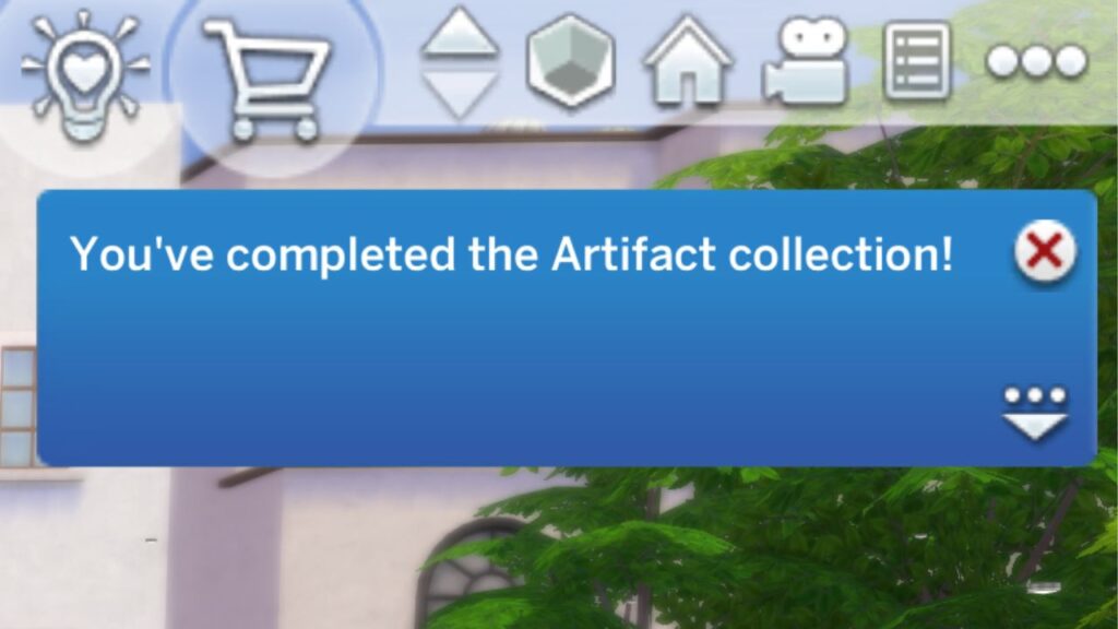 A screenshot from The Sims 4 showing the notification from completing the artifact collection