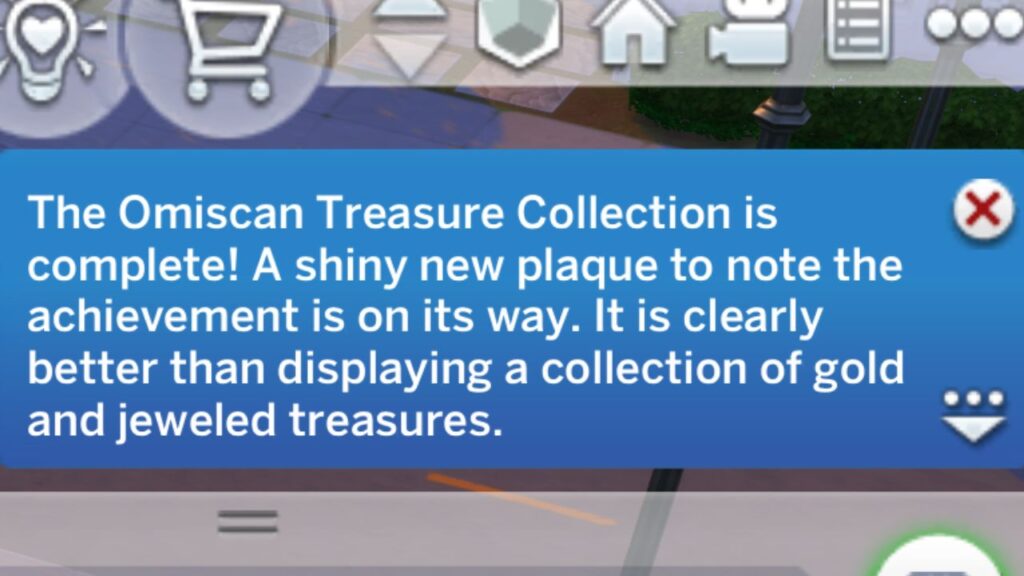 A screenshot from The Sims 4 showing the notification you get when you finish the omiscan treasure collection