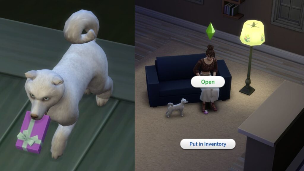 A screenshot from The Sims 4 showing a dog delivering a box to their owner and how to open it