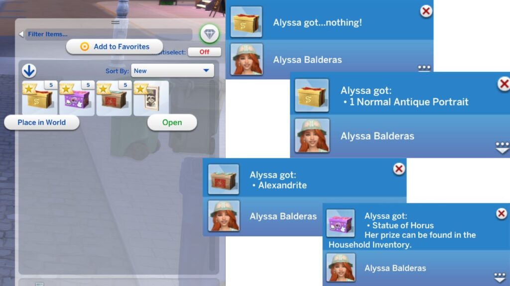 A screenshot from The Sims 4 showing what happens when you open boxes from trashley