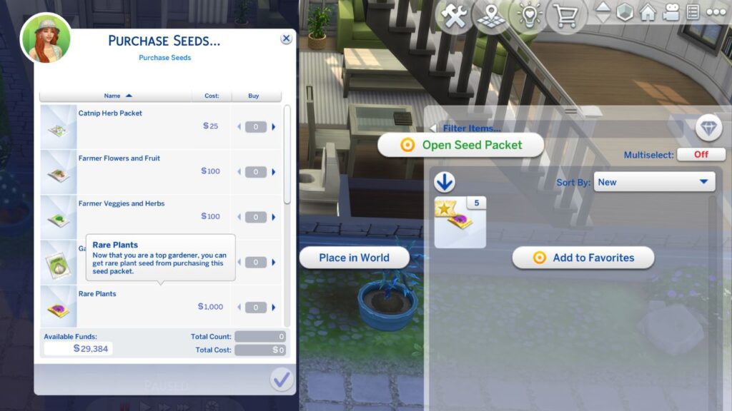 A screenshot from The Sims 4 showing how to purchase rare seeds and open them