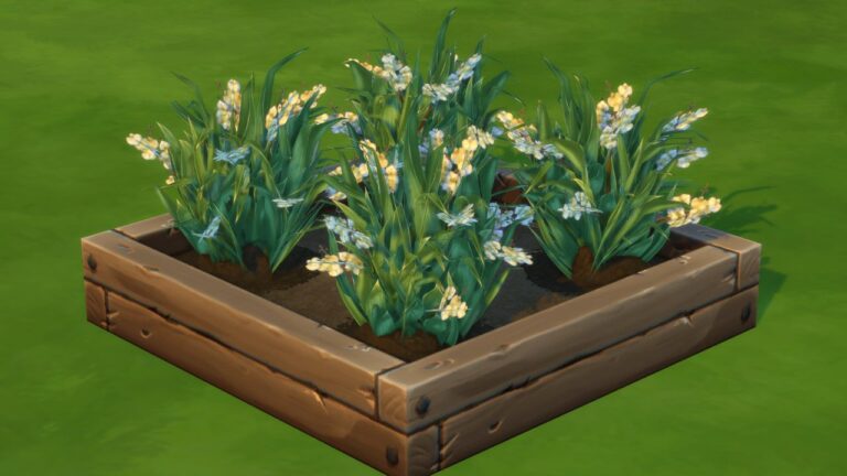 A screenshot from The Sims 4 showing four orchid plants in a planter