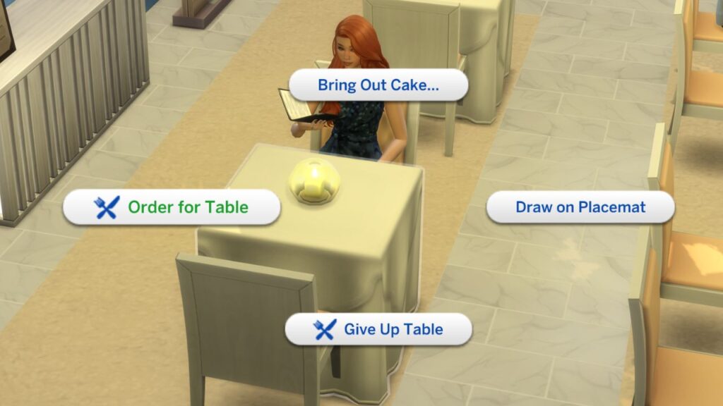 A screenshot from The Sims 4 showing how to order food at a restaurant