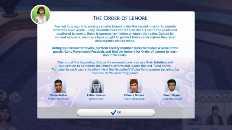 A screenshot from The Sims 4 showing the order of lenore