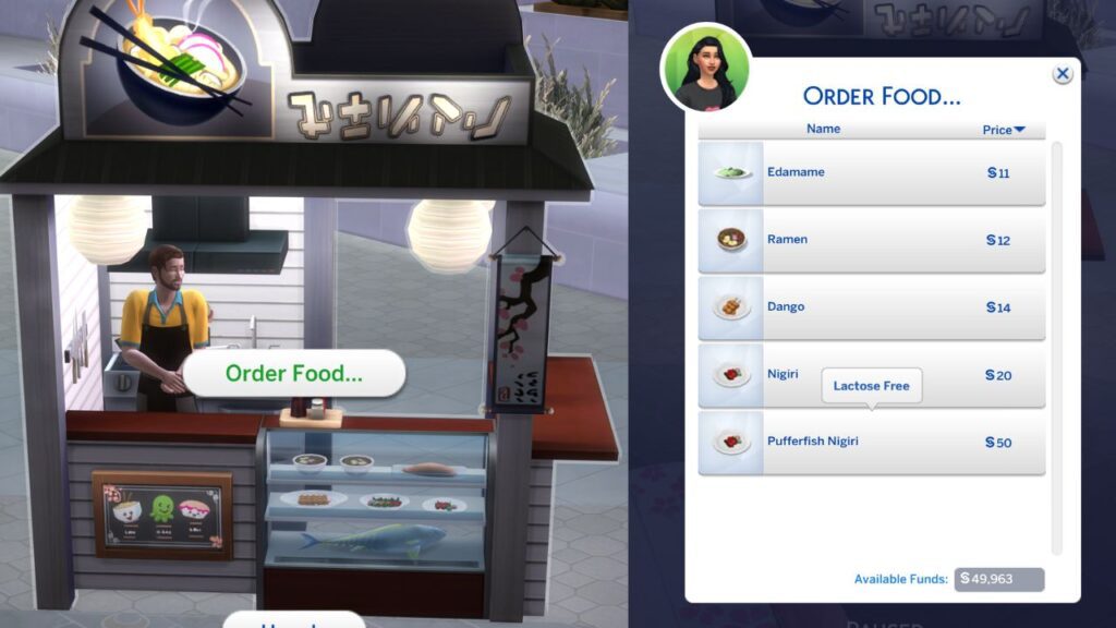 A screenshot from The Sims 4 showing the option to order food and choose pufferfish nigiri