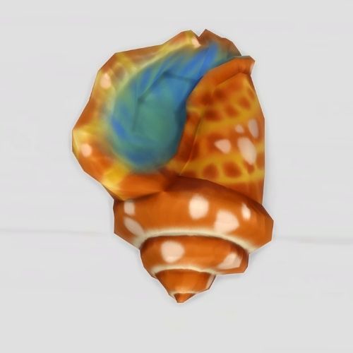 A screenshot from The Sims 4 showing a grey background and a large conch shell in orange 
