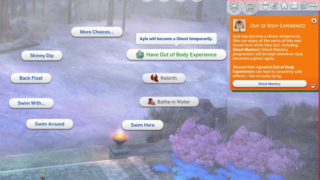 A screenshot from The Sims 4 showing how to turn into a temporary ghost and have an out of body experience 