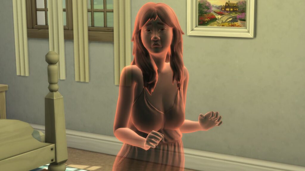 A screenshot from The Sims 4 showing a red ghost in a bedroom 