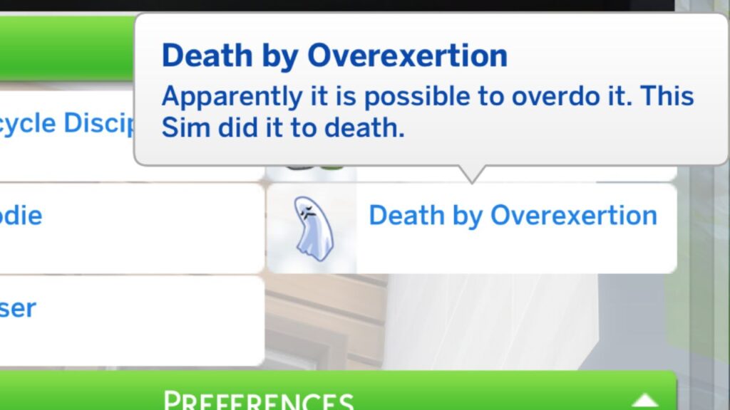 A screenshot from The Sims 4 showing the death by overexertion trait 