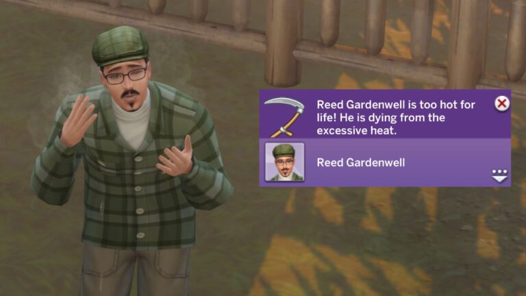 A screenshot from The Sims 4 showing a sim dying from overheating