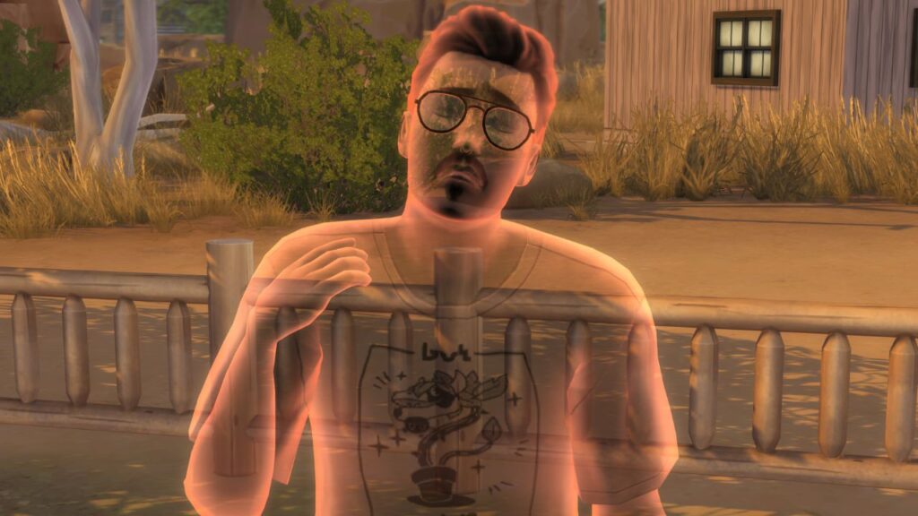 A screenshot from The Sims 4 showing a red ghost fanning themselves from heat 