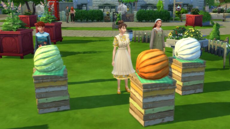 A screenshot from The Sims 4 showing sims at the oversized crop competition