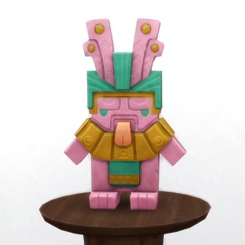 A screenshot from The Sims 4 showing a brown circle table and on top is a freezer bunny statue painted in pink and blue