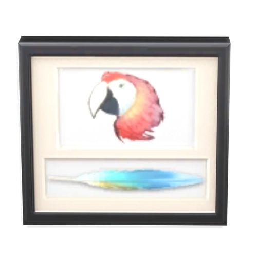 A screenshot from The Sims 4 with a black frame. Inside the frame is a picture of a parrot with its feather underneath