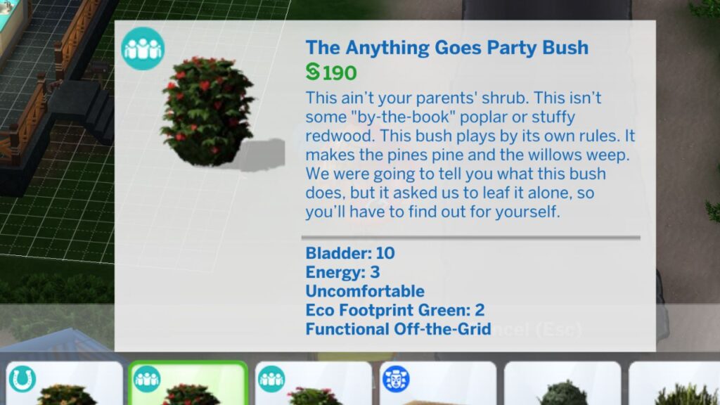 A screenshot from The Sims 4 showing The Anything Goes Party Bush in build mode