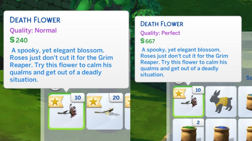 A screenshot from The Sims 4 showing a normal and perfect quality death flower 