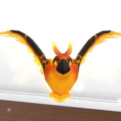 A screenshot from The Sims 4 showing the pheonix familiar flying around