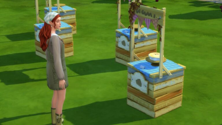 A screenshot from The Sims 4 showing a sim and their entry for the pie competition