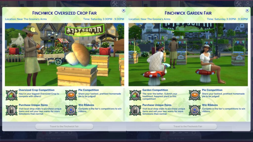A screenshot from The Sims 4 showing two options for the finchwick fair