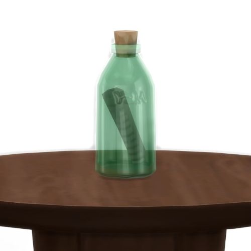 A screenshot from The Sims 4 showing a wooden table with a short green glass bottle on top