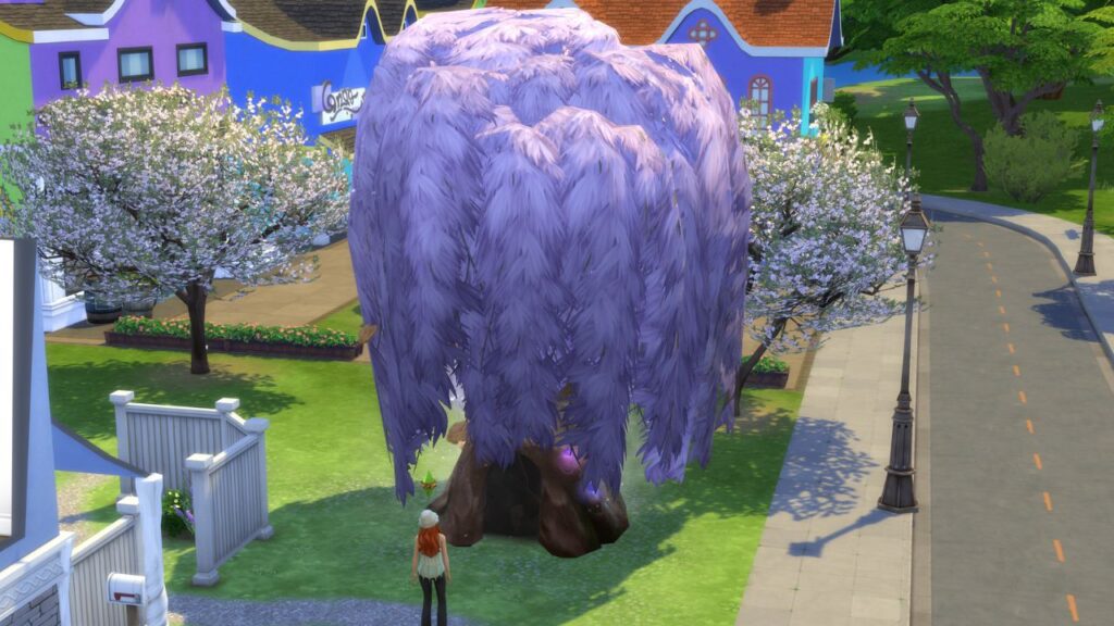 A screenshot from The Sims 4 showing the mystical magic bean portal tree