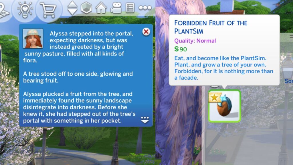 A screenshot from The Sims 4 showing the notification from exploring the plant sim tree and a forbidden fruit in a sim's inventory