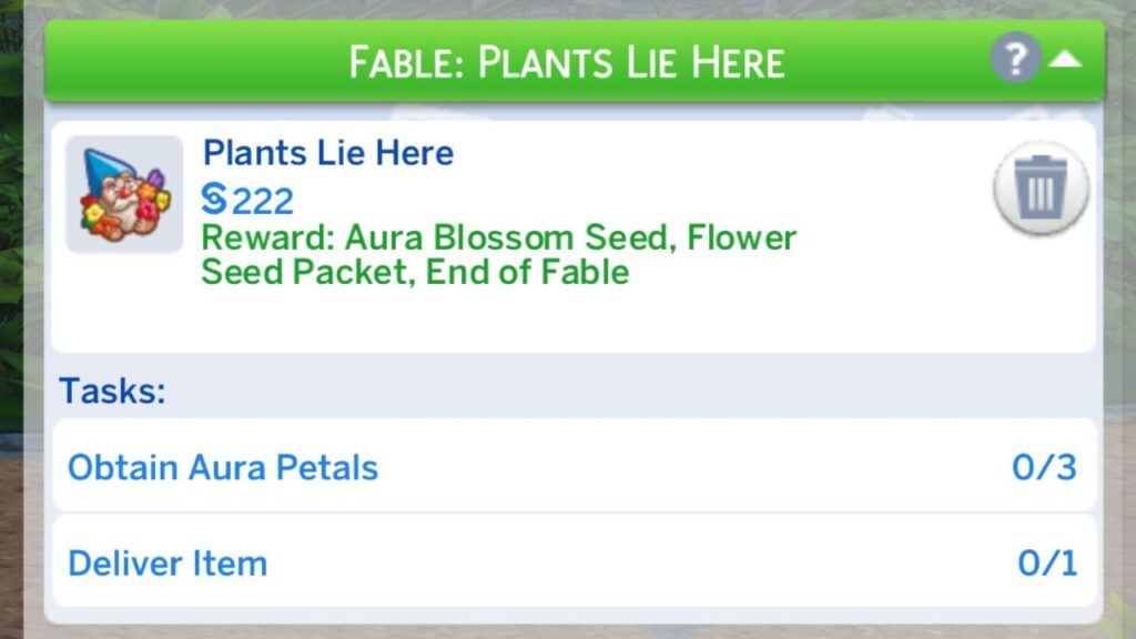 A screenshot from The Sims 4 showing the plants lie here fable