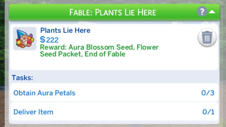A screenshot from The Sims 4 showing the plants lie here fable