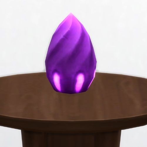 A screenshot from The Sims 4 showing a brown circle table with a purple bean on top