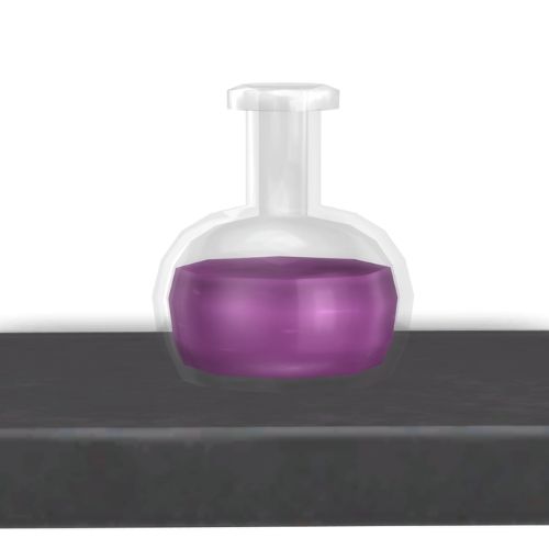 A screenshot from The Sims 4 showing a dark wooden shelf with a playful emotion potion on top