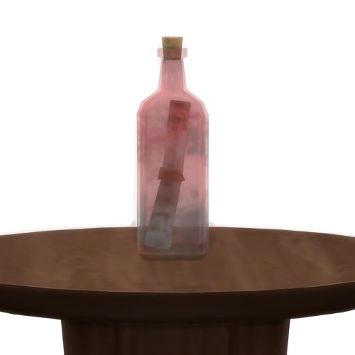 A screenshot from The Sims 4 showing a wooden table with a dirty, rose coloured glass bottle on top