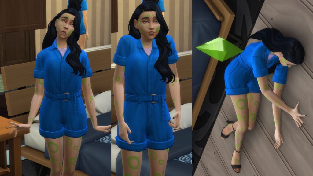 A screenshot from The Sims 4 showing the stages of a sim who is poisoned 