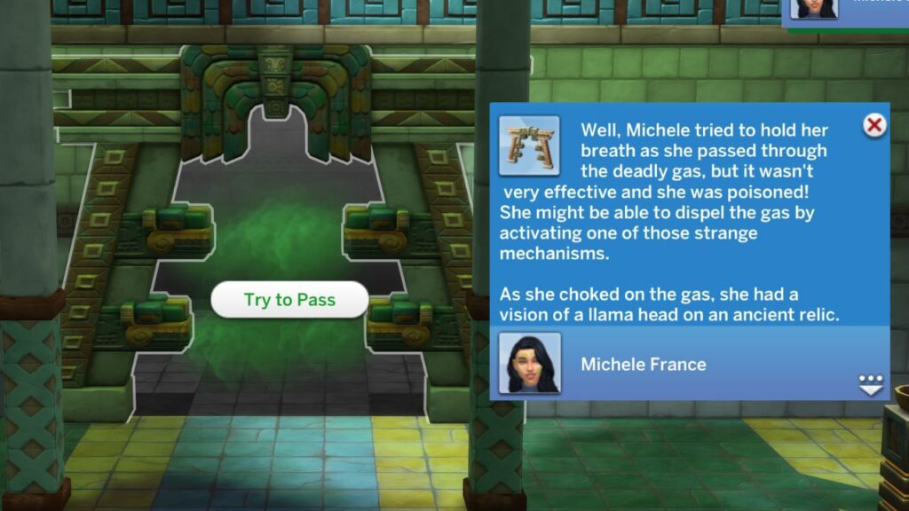 A screenshot from The Sims 4 showing the option to try to pass through a poison gate 