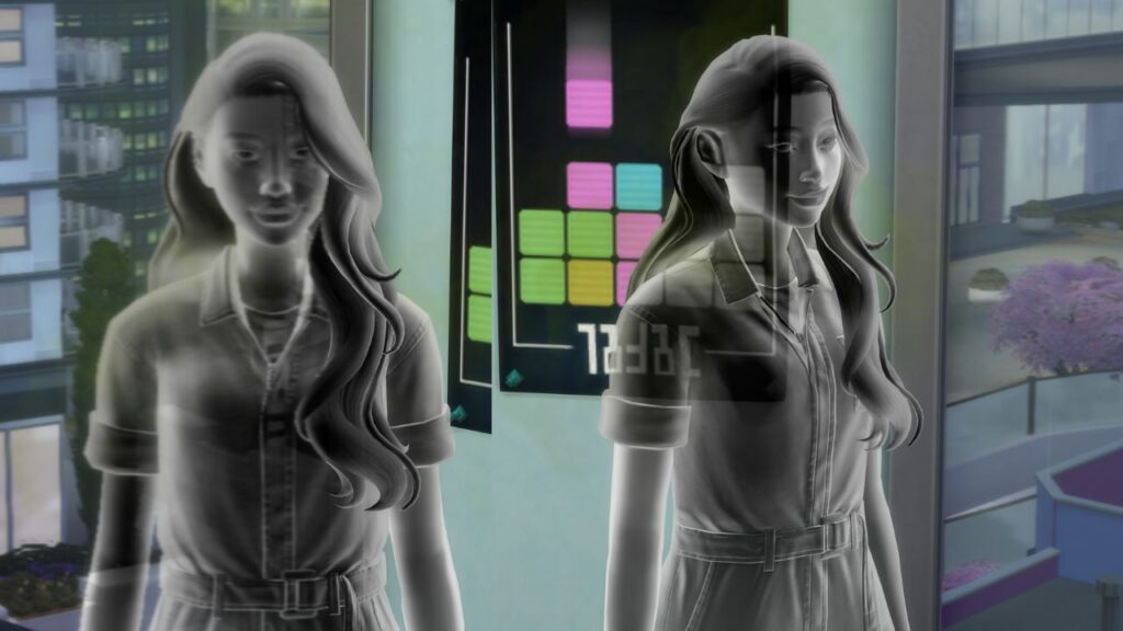A screenshot from The Sims 4 showing a grey ghost 