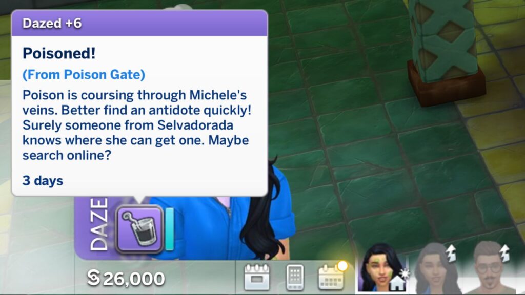 A screenshot from The Sims 4 showing a +6 dazed moodlet called Poisoned! 