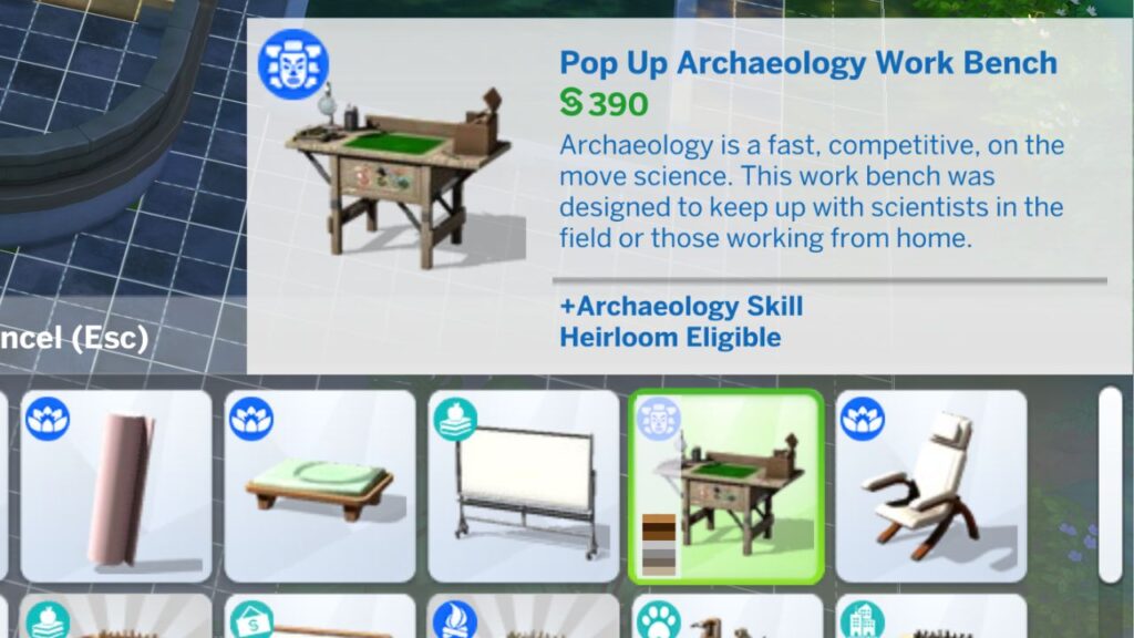 A screenshot from The Sims 4 showing the build mode catalog listing for the Pop Up Archaeology Work Bench
