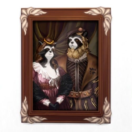 A screenshot from The Sims 4 showing a piece of art with two royal looking racoons