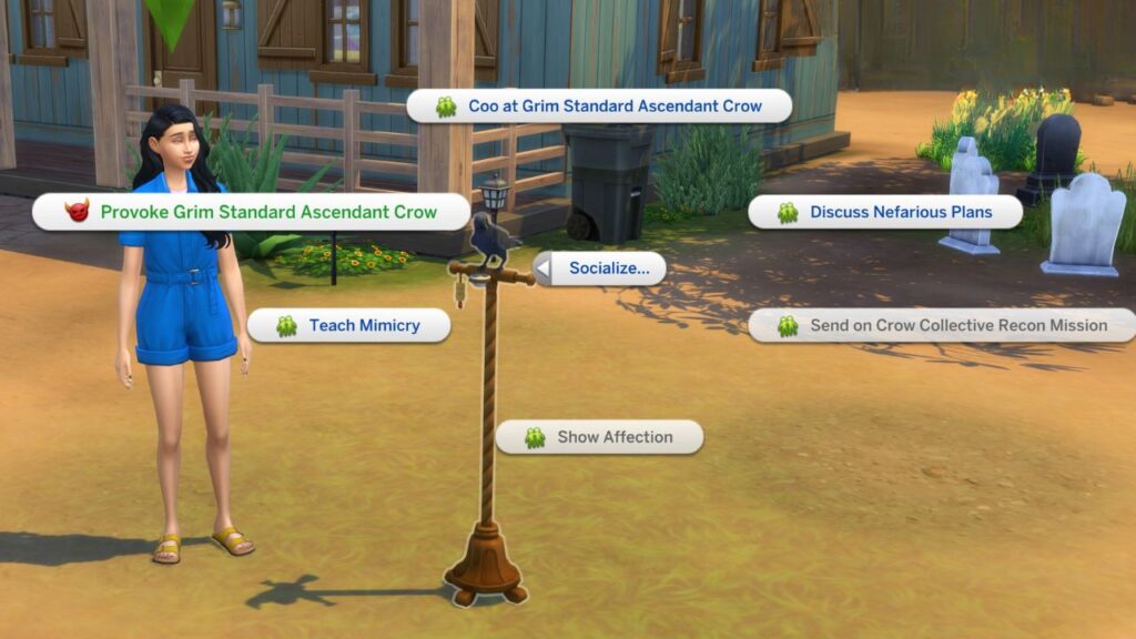 A screenshot from The Sims 4 showing how to provoke a crow 