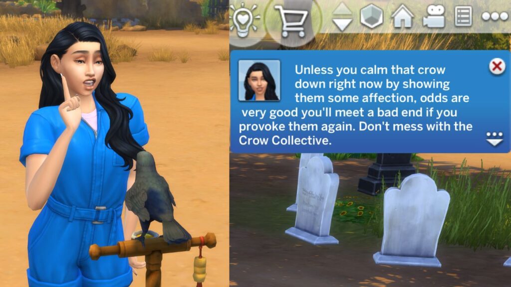 A screenshot from The Sims 4 showing a sim provoking a crow and the notification warning you not to 