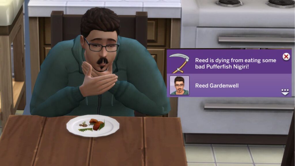 A screenshot from The Sims 4 showing a sim dying from eating pufferfish