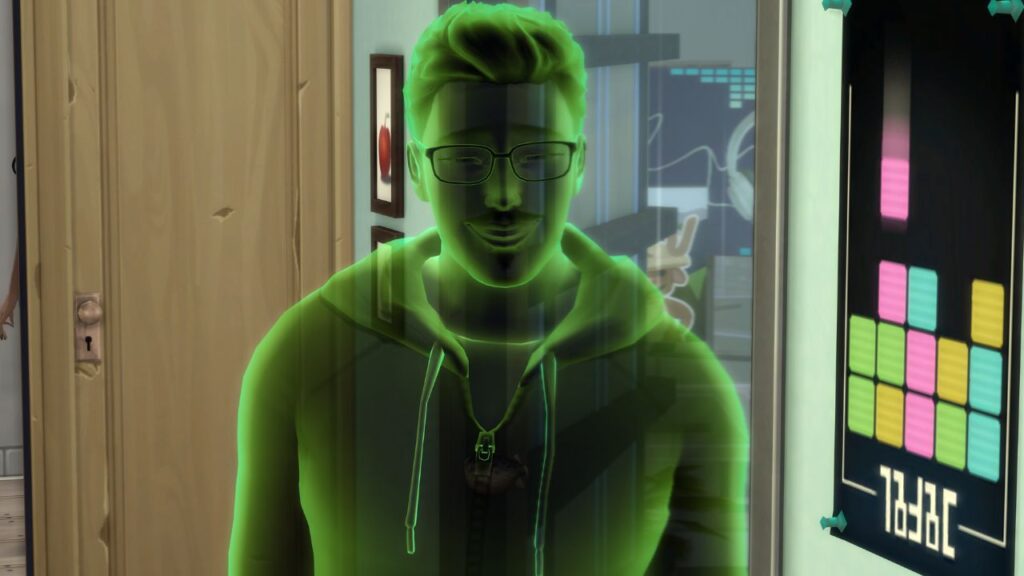 A screenshot from The Sims 4 showing a green ghost with a pufferfish in their chest