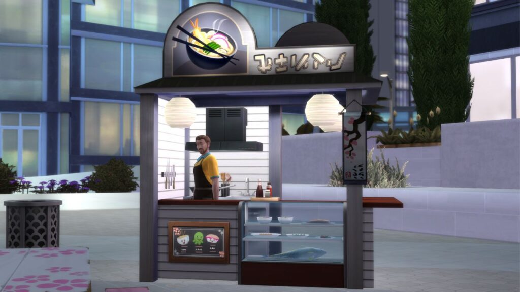 A screenshot from The Sims 4 showing the stall to purchase Pufferfish Nigiri