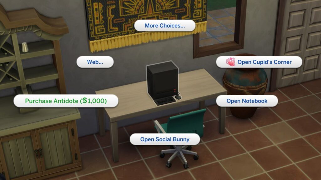 A screenshot from The Sims 4 showing a computer with the menu open and purchase antidote showing 