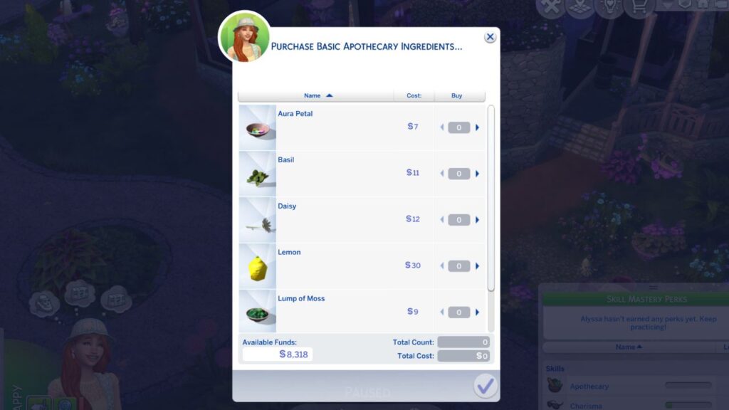 A screenshot from The Sims 4 showing how to purchase aura petals from the apothecary table 