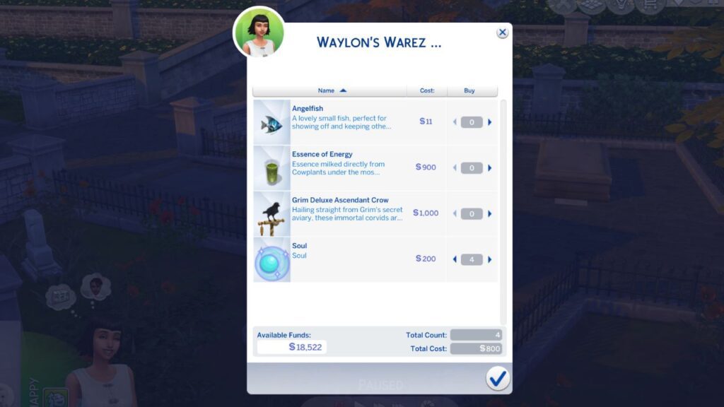 A screenshot from The Sims 4 showing how to purchase souls from Waylon's Warez 
