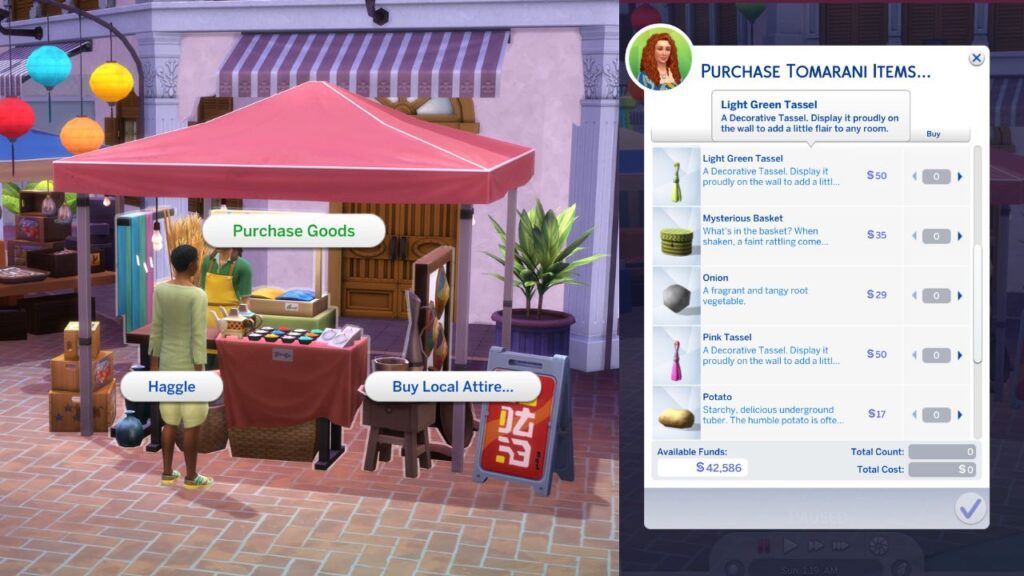 A screenshot from The Sims 4 showing how to purchase a tassel from the night market 
