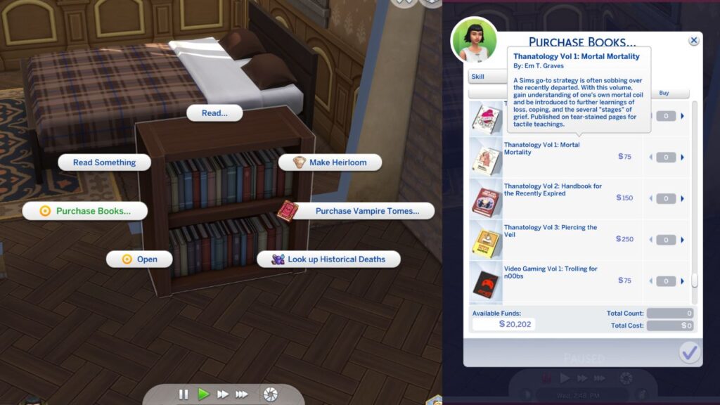 A screenshot from The Sims 4 showing how to purchase thanatology books on a bookcase