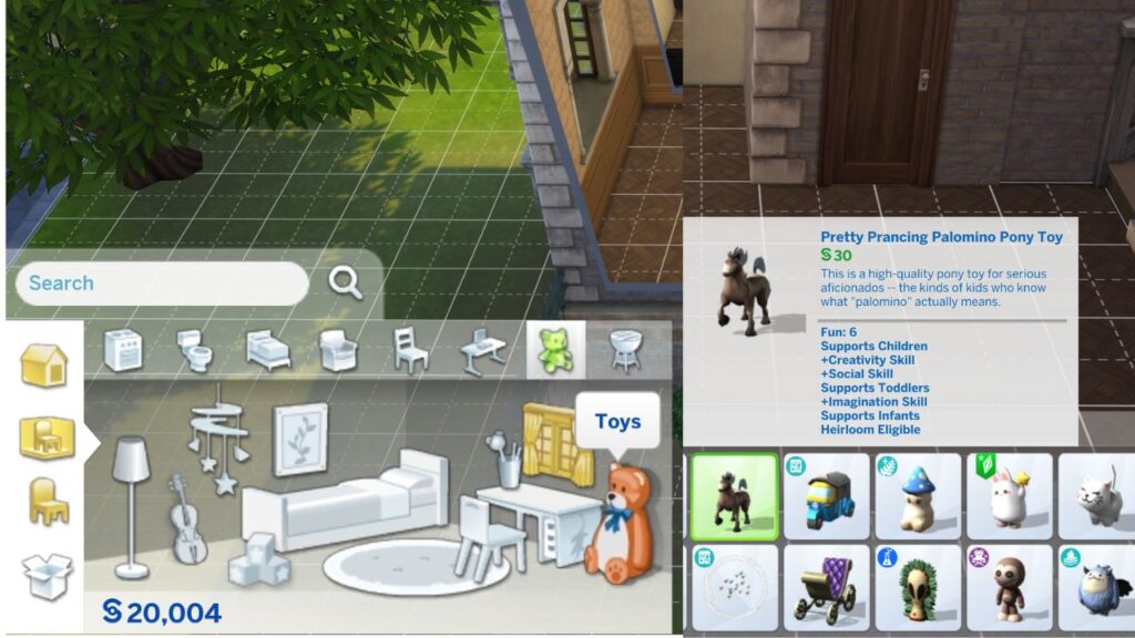 A screenshot from The Sims 4 showing how to purchase a toy from build mode