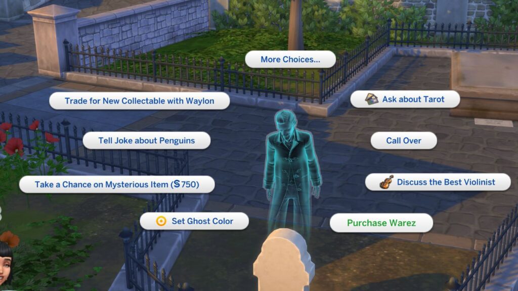 A screenshot from The Sims 4 showing Waylon Warez and how to purchase items from him 