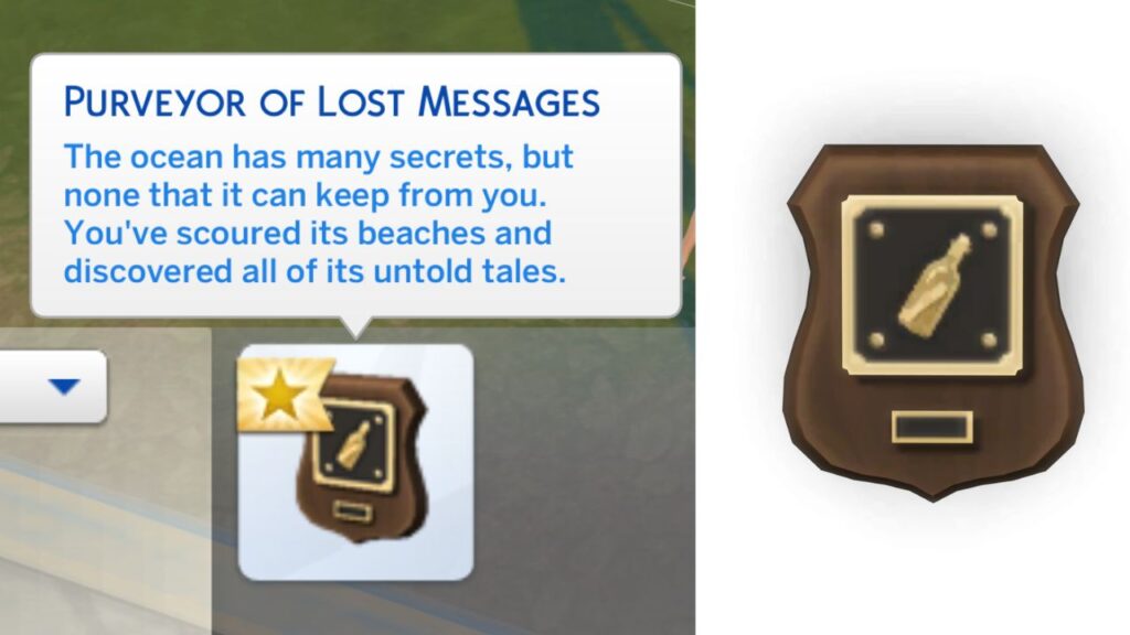 A screenshot from The Sims 4 showing the Purveyor of Lost Messages plaque